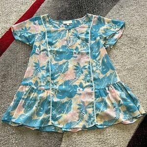 ModCloth Blue Sheer Tropical Print Coastal Keyhole Button Top